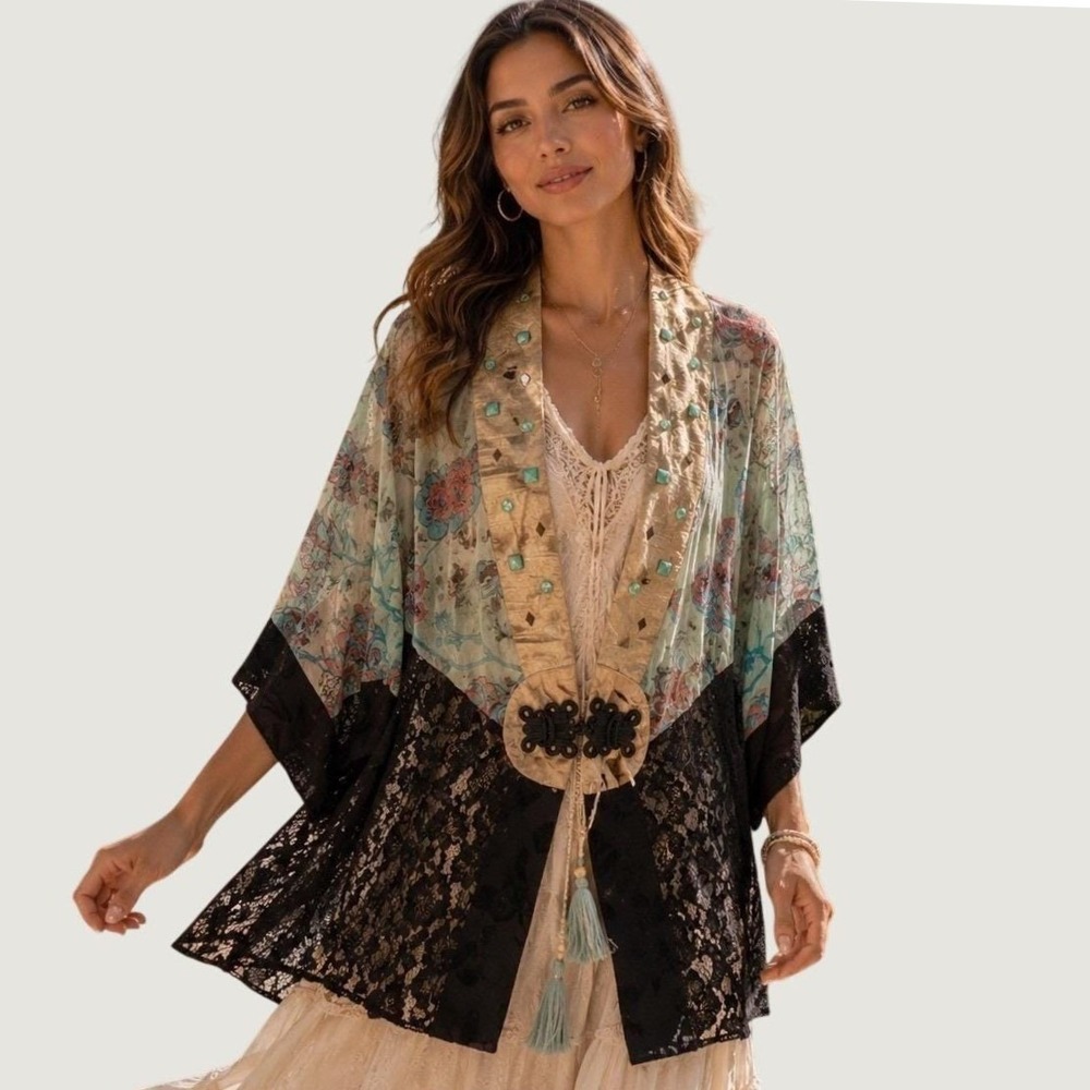 Vtg 90s Violet Kay  Black Blue Floral Lace Kimono Jacket Boho Whimsy Turquoise L